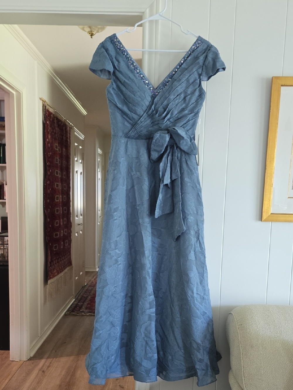 Slate Blue V-Neck Maxi Dress with Waist Sash